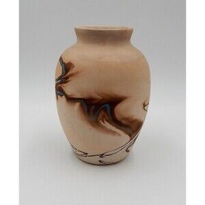 Nemadji Natural Brown Blue Swirl Clay Pottery Vase Crock 7 Inch Tall USA